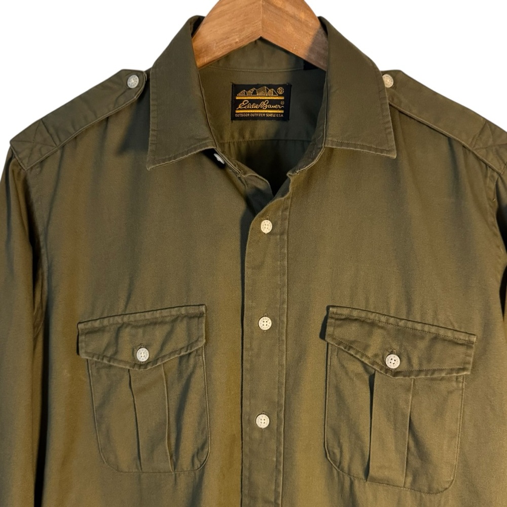 Vintage Eddie Bauer USA Made Military Green Utility Shirt M Long Sleeve Cotton - Picture 3 of 11